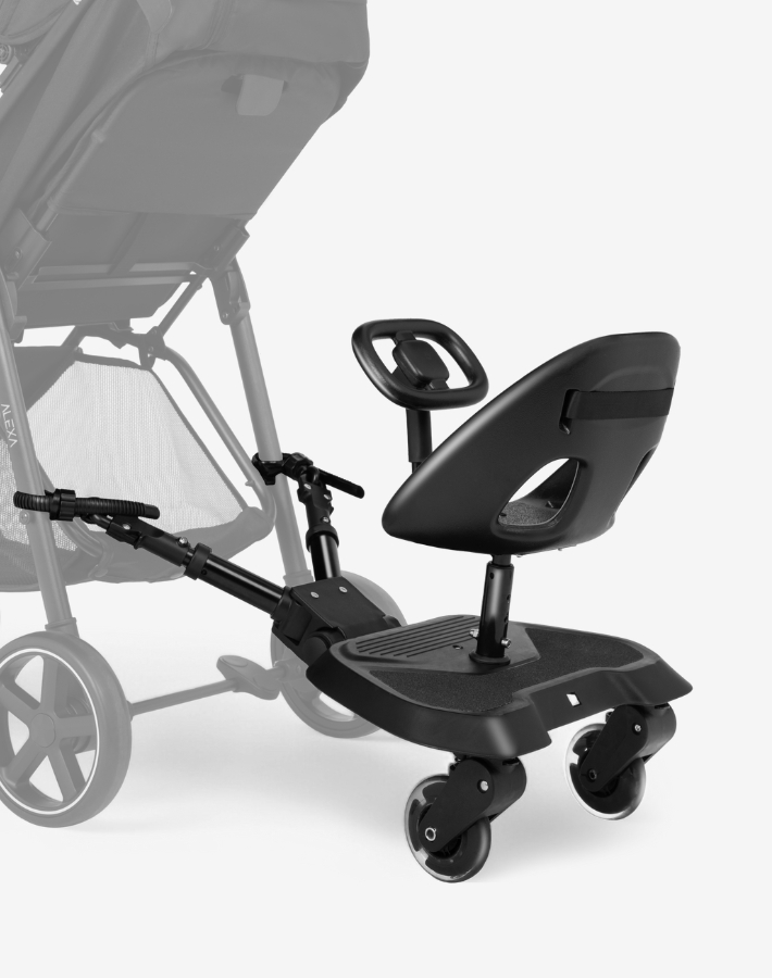 The ALLY stroller board is a universal attachment designed to accommodate a second child, allowing families to use their existing stroller for both children, saving space and expense.