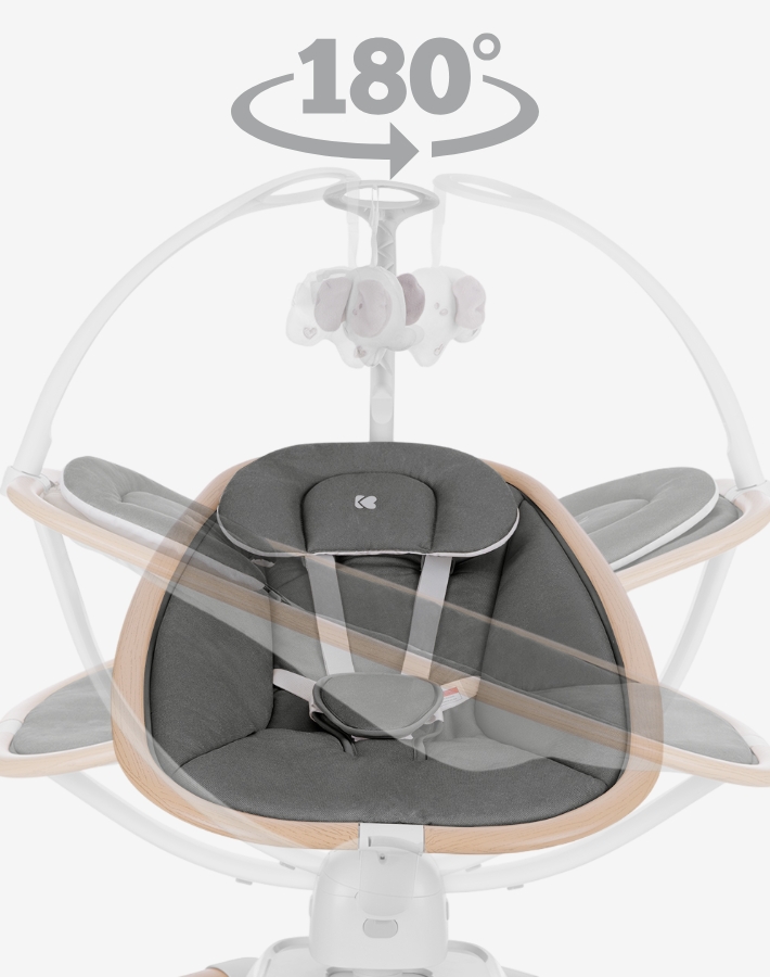 С възможност за завъртане на седалката на 180 градуса и пет уникални посоки на движение, люлката BEEMOOVE имитира естественото утешително полюшване, което успокоява и унася детето.