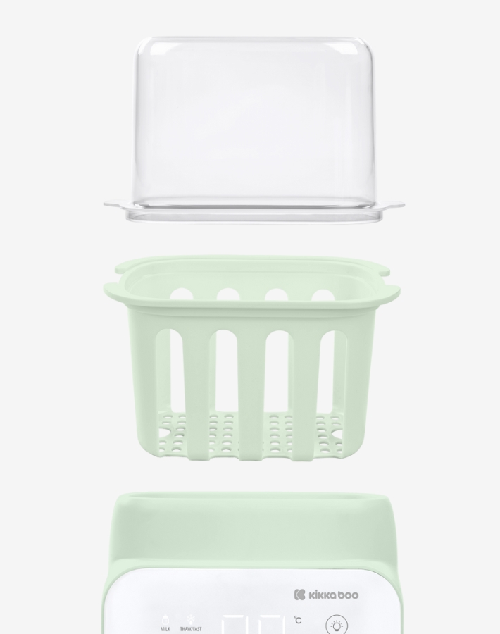 Комплектът включва всичко, от което се нуждаете, за да започнете да затопляте шишетата на бебето си - основно устройство, кошница за по-лесна употреба и капак, за да запазите всичко чисто.