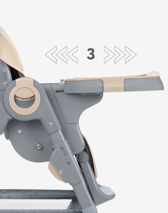 The highchair features a double tray with a cup socket and three position adjustments, making it adaptable for various mealtime needs and easy to clean after messy meals.