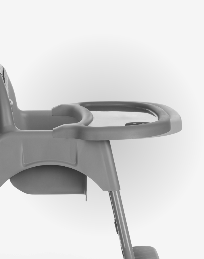 Features a 2-position tray adjustment with a built-in cup socket, making meal times easier and helping to minimize spills. The tray's flexibility allows it to grow with your child and fit their needs at every stage.