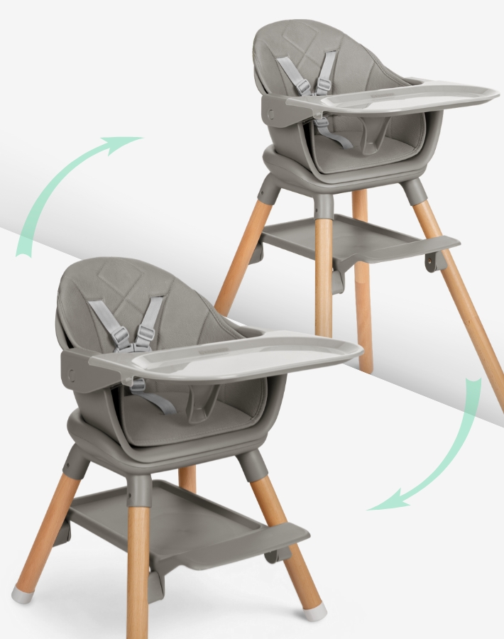 The WOODY highchair grows with the child and adapts to their needs both during feeding and play.