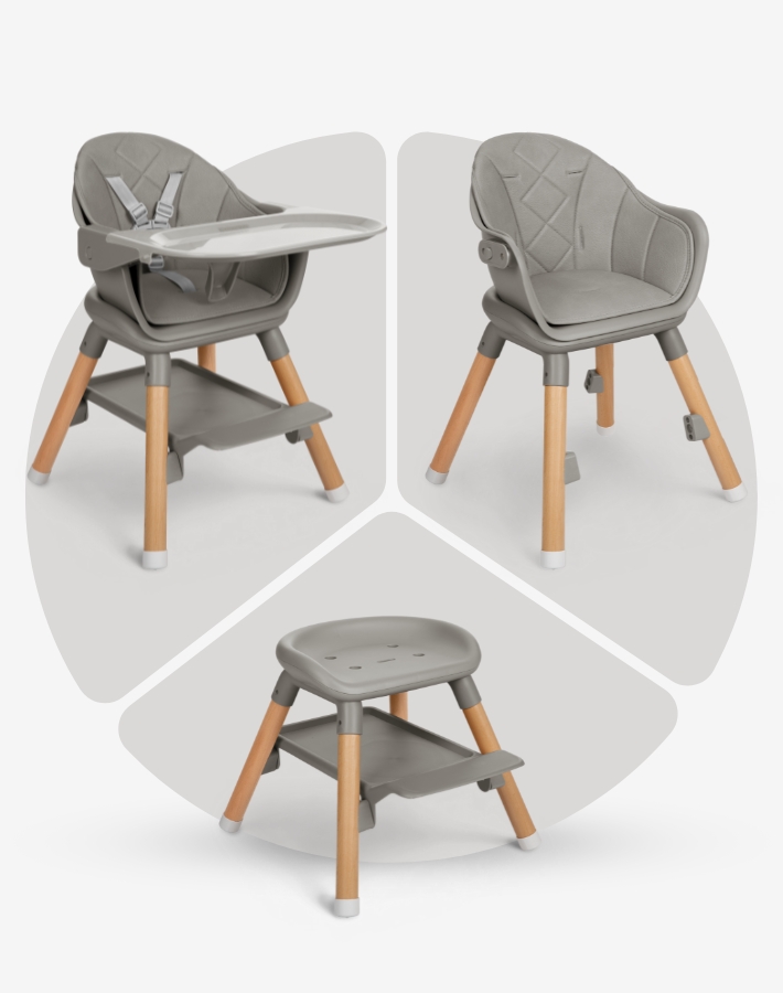 The WOODY highchair boasts a 6in1 versatile design, transitioning through multiple configurations to accommodate your child’s evolving seating needs.